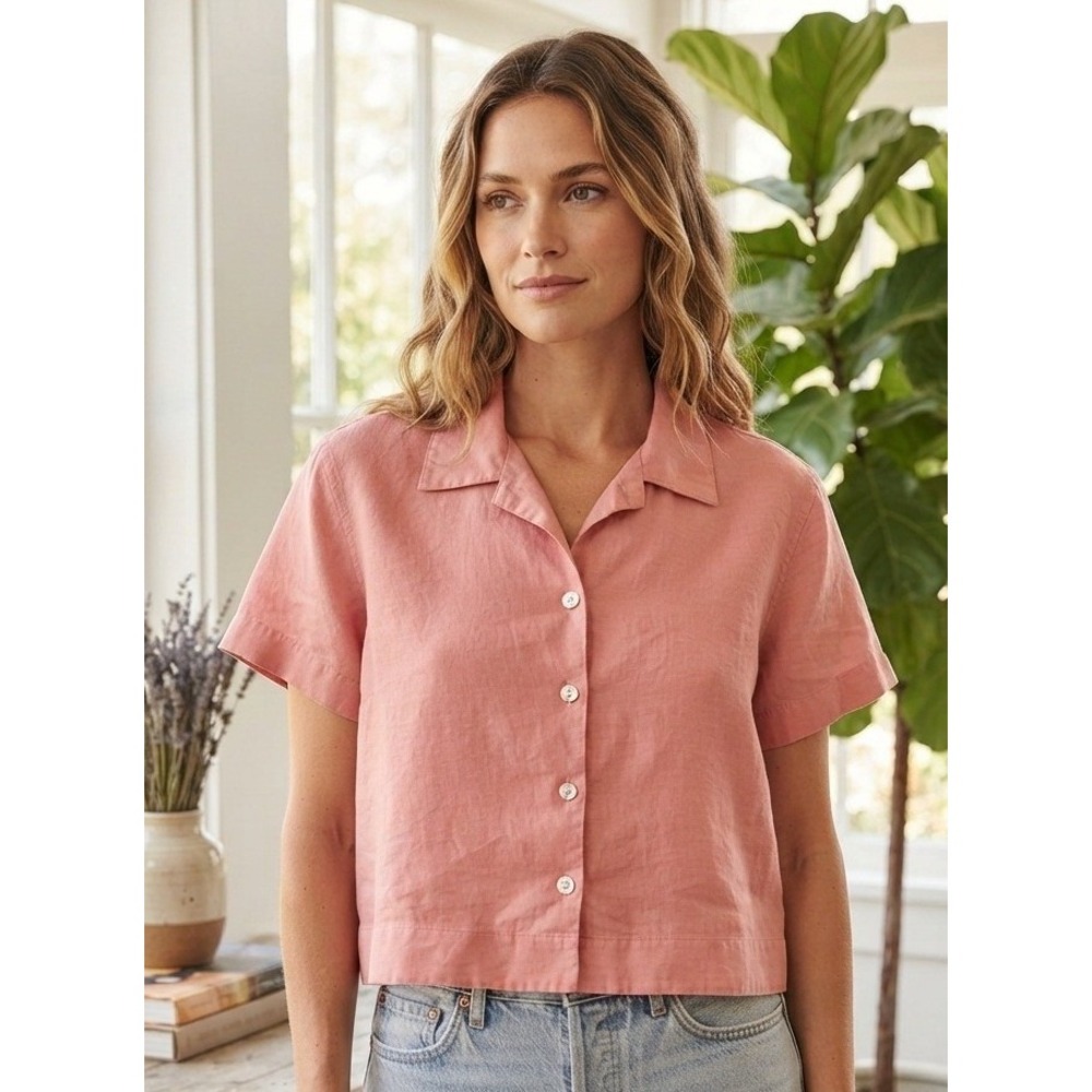 Vintage Eddie Bauer 100% Linen Short Sleeve Shirt Women Large Petite Coral Pink